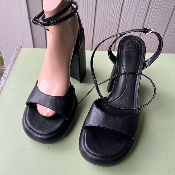 Zara Black Chunky Platform Heels Size 40 | Bubble Sole Ankle Strap Sandals - Picture 4 of 12